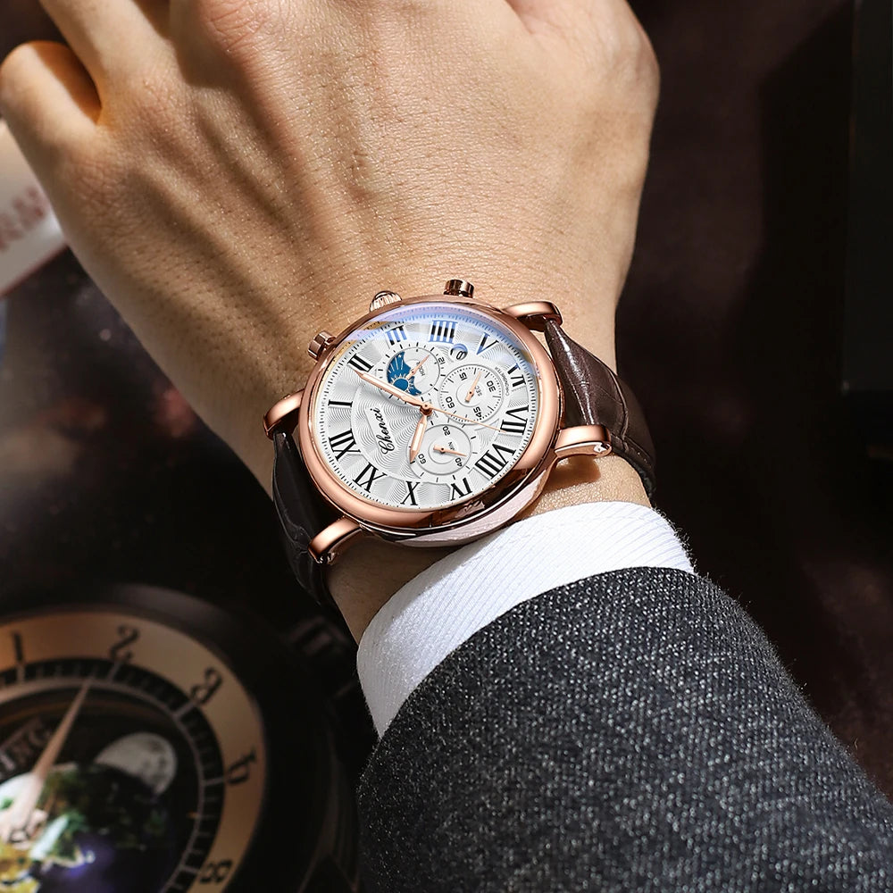 CHENXI Multifunction Men's Watches Business Roman Numerals Leather Strap Quartz Man Watch Chronograph Moon Phase Calendar