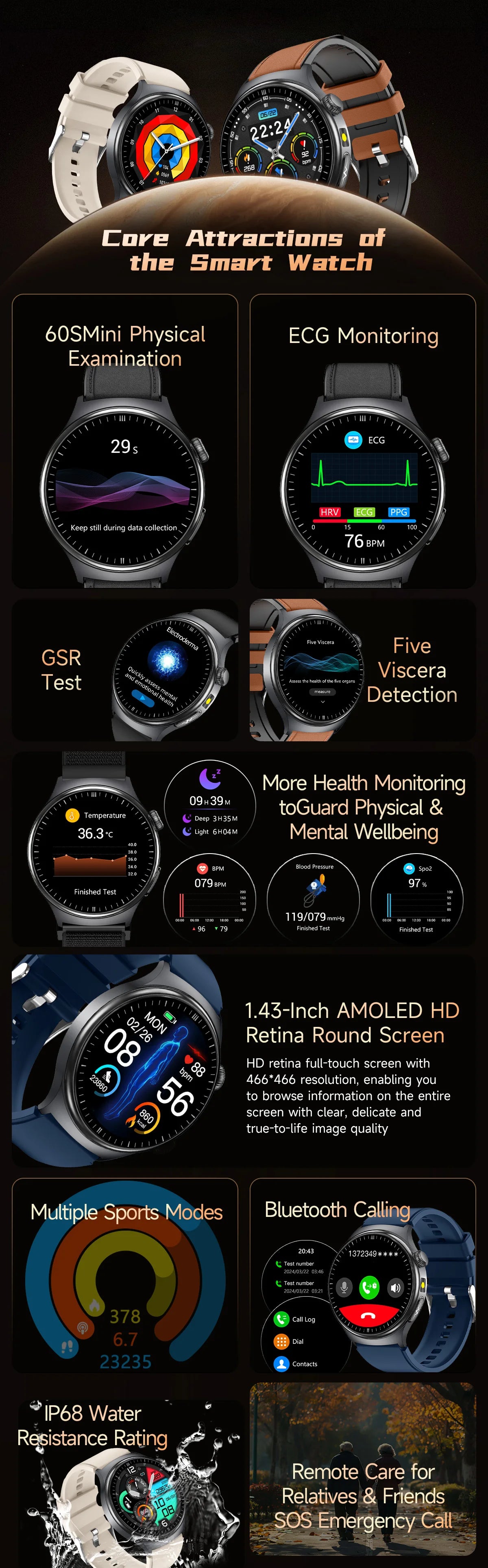 Newly Upgared Precise Health Diagnosis Smart Watch ECG Uric Acid Blood Pressure Micro Physical Examination Clock For Android iOS