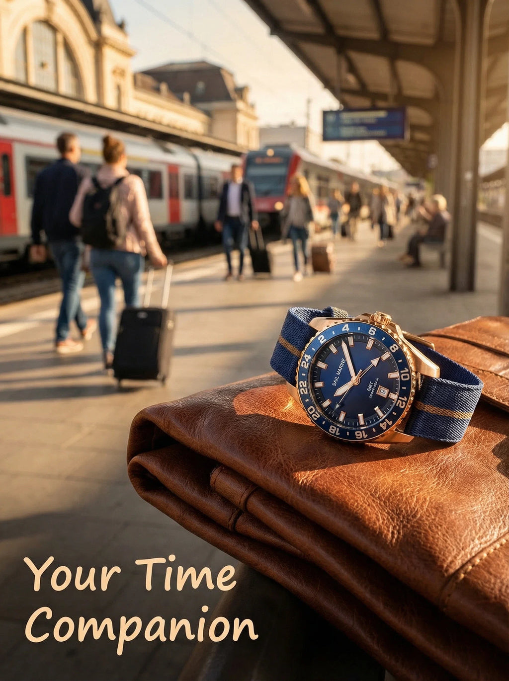Top Quality Rose Gold Men's Luminous Casual Watch Fabric Strap GMT Quartz Wristwatch Stainless Steel Case 20 Bar Deep Waterproof