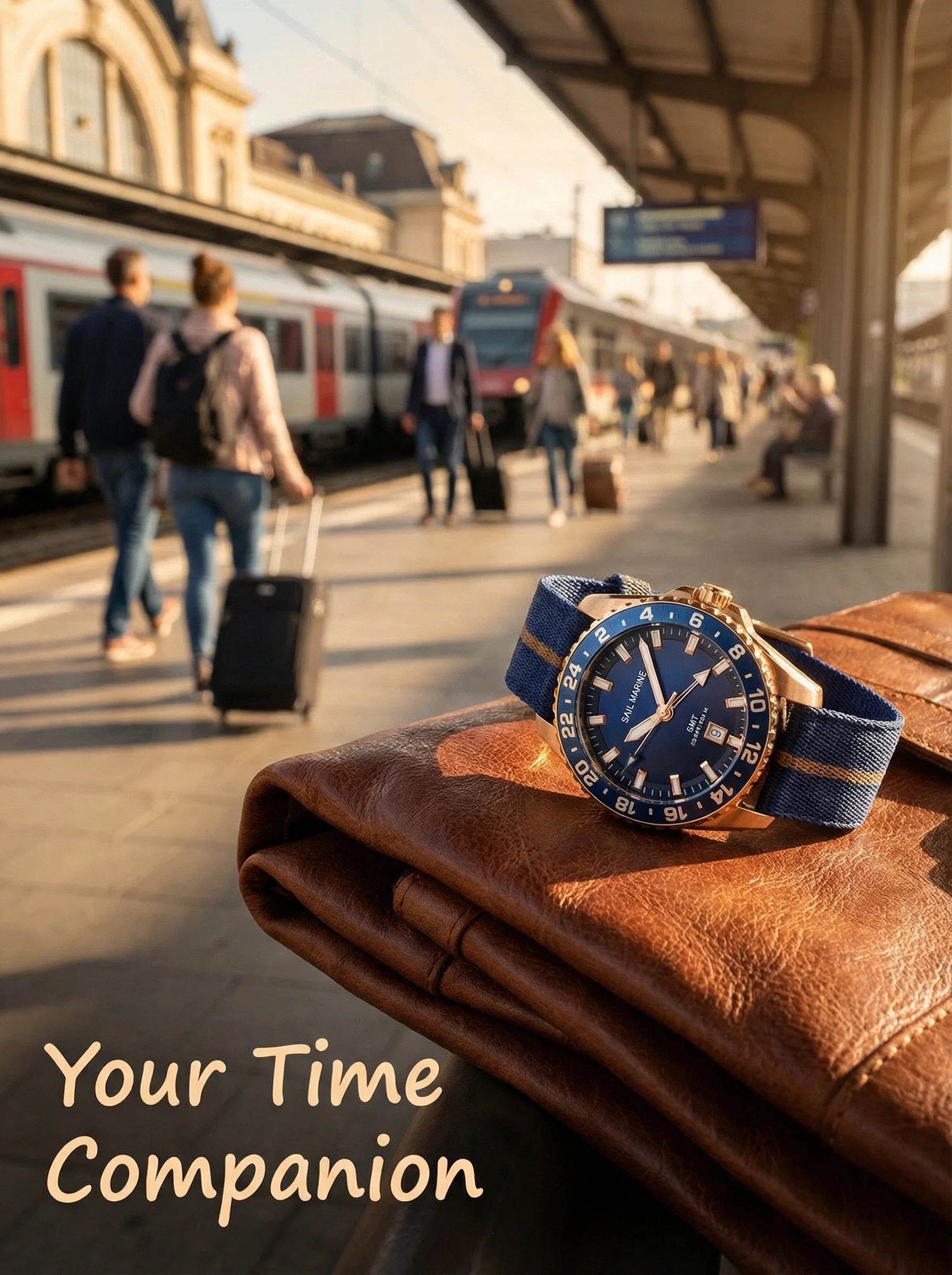 Top Quality Rose Gold Men's Luminous Casual Watch Fabric Strap GMT Quartz Wristwatch Stainless Steel Case 20 Bar Deep Waterproof