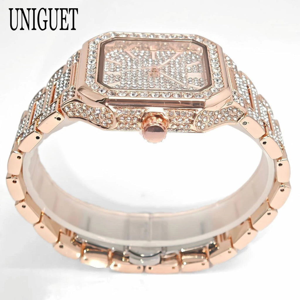 2025 New Black Iced Watch For Men Brand UNIGUET Fashion Waterproof Quartz Watch Man Hip Hop Diamond Jewelry Square Wristwatch