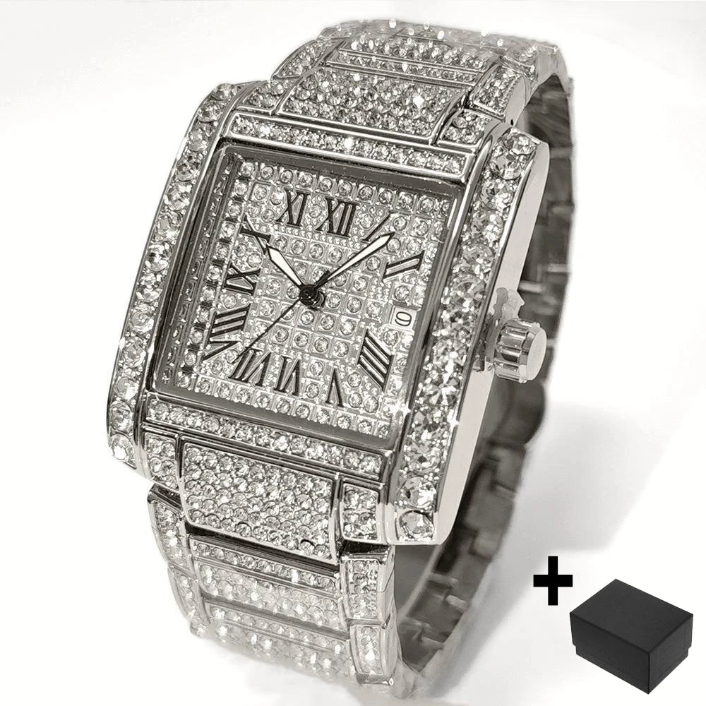 Luxury Brand Mens Silver Stainless Steel Quartz Watch Hip Hop Full Diamond Rectangle AAA Quality Fashion Wristwatch for Men 2025