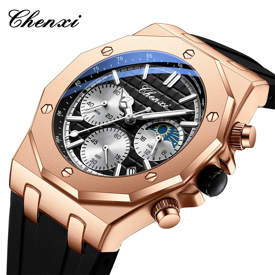 CHENXI Sports Multi-functional Silicone Man Watch Calendar Waterproof Quartz Men Watches Chronograph Moon Phase Men's Wristwatch