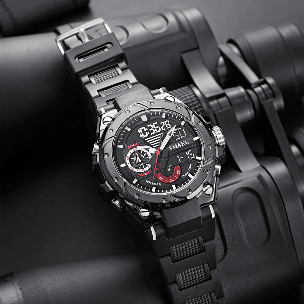 Quartz Watch For Men SMAEL Wristwatches Watcholorful Red Bracelet 50M Waterproof Alarm Clock Analog Digitals 8060 Sport Watches