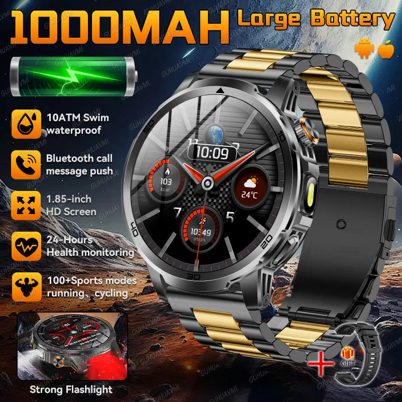 2026 New Outdoor Military Smart Watch For Men 1.85" AMOLED 1000mAh Battery IP69K Swim Flashlight Heart Rate Wireless Call Watchs