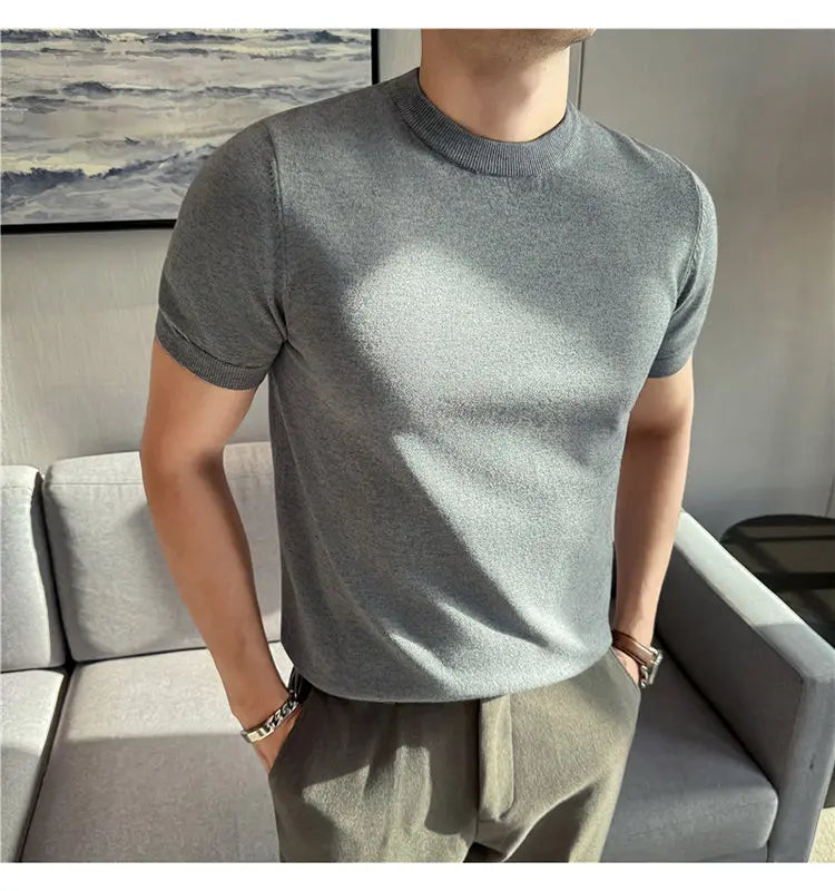 High-quality Men's Short-sleeve Knitted Sweater T-shirt O-Neck Solid Color Men Pullover T Shirts Slim Fit Stretch Undershirt Top