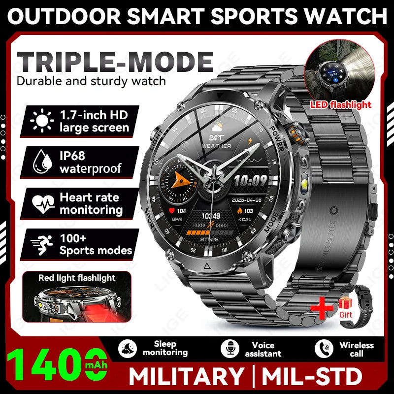 LIGE 2026 Military 1400mAh Battery Smart Watch Men Outdoor Flashlight IP68 Waterproof Heart Rate Bluetooth Call Sports Bracelet