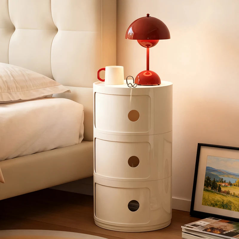 Plastic Round Bedside Nightstand with Drawers Practical Storage Box Cabinet Nightstand Chic Decor for Bedroom Living Room