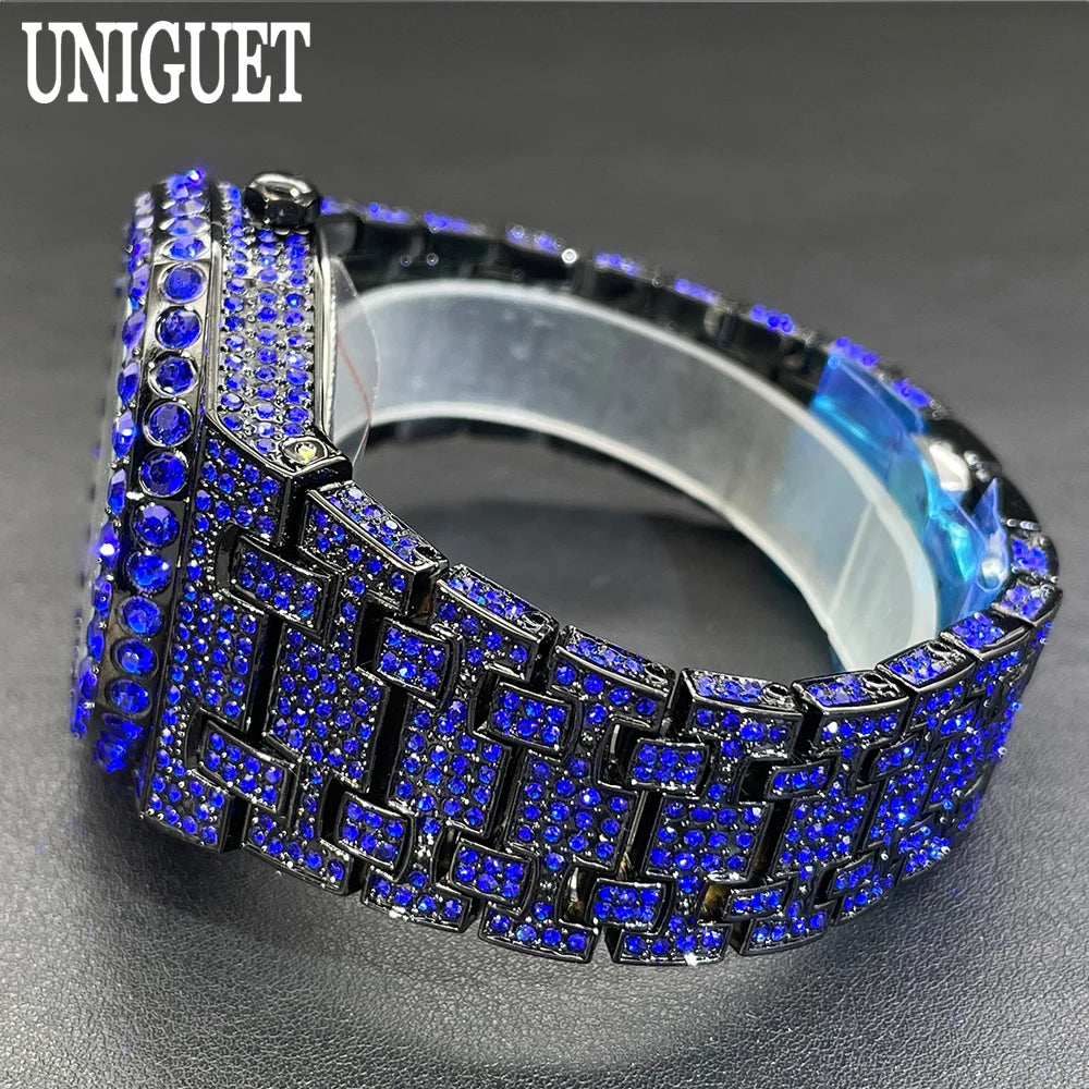 UNIGUET Cool Black Watch For Men Luxury Stainless Steel Quartz Watches Fashion Hip Hop Iced Diamond Wristwatch Man Dropshipping