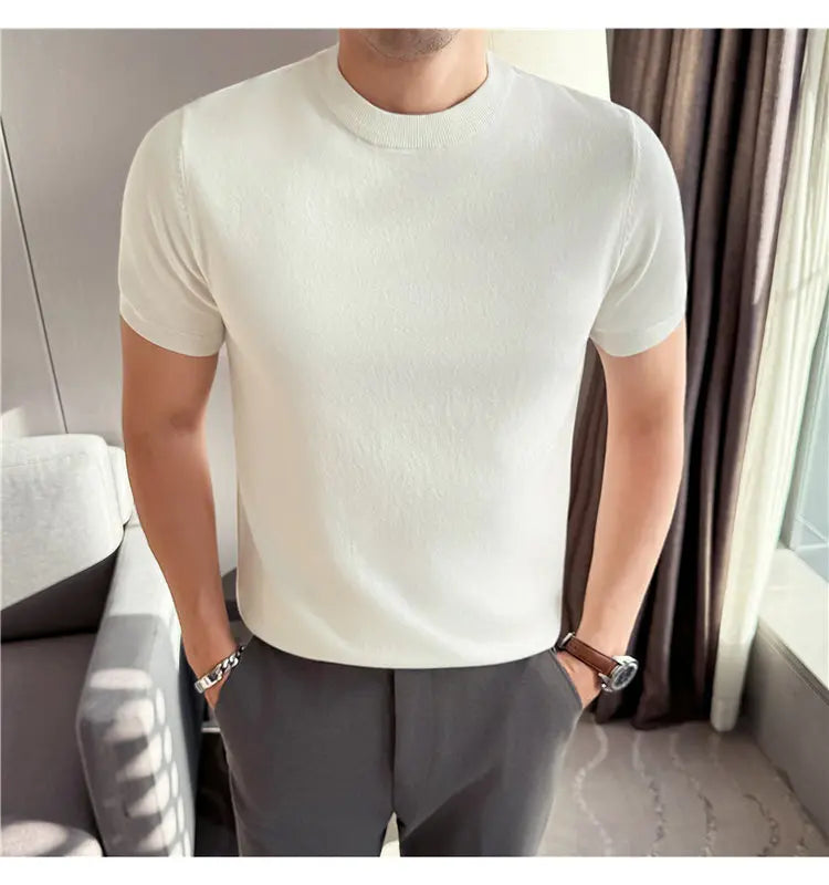 High-quality Men's Short-sleeve Knitted Sweater T-shirt O-Neck Solid Color Men Pullover T Shirts Slim Fit Stretch Undershirt Top