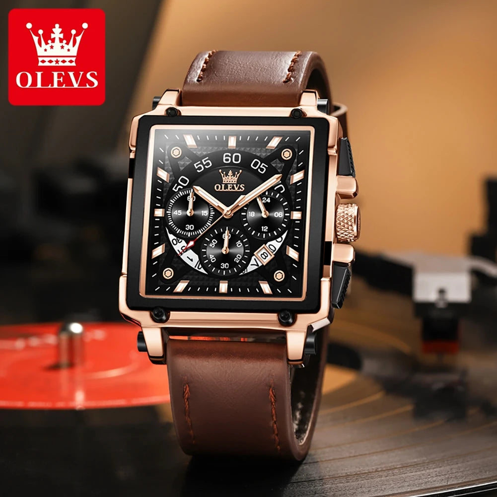 OLEVS Mens Watch Square Quartz Watch Multifunctional Business Watches For Man Waterproof Luminous Box Gift Leather Strap 9919