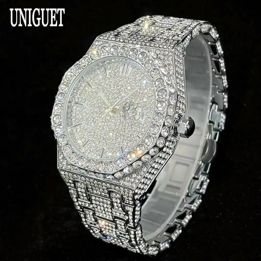 UNIGUET Fashion Iced Out Watch Mens Luxury Waterproof Quartz Watch For Man Hip Hop High Quality Big Diamond Wristwatch Hot Sale