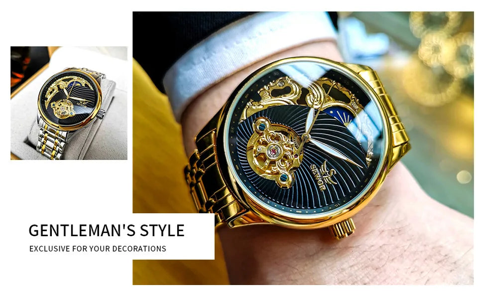 Stainless Steel New Vintage Skeleton Moonphase Luminous Waterproof Tourbillon Self-Wind Automatic Watch for Men