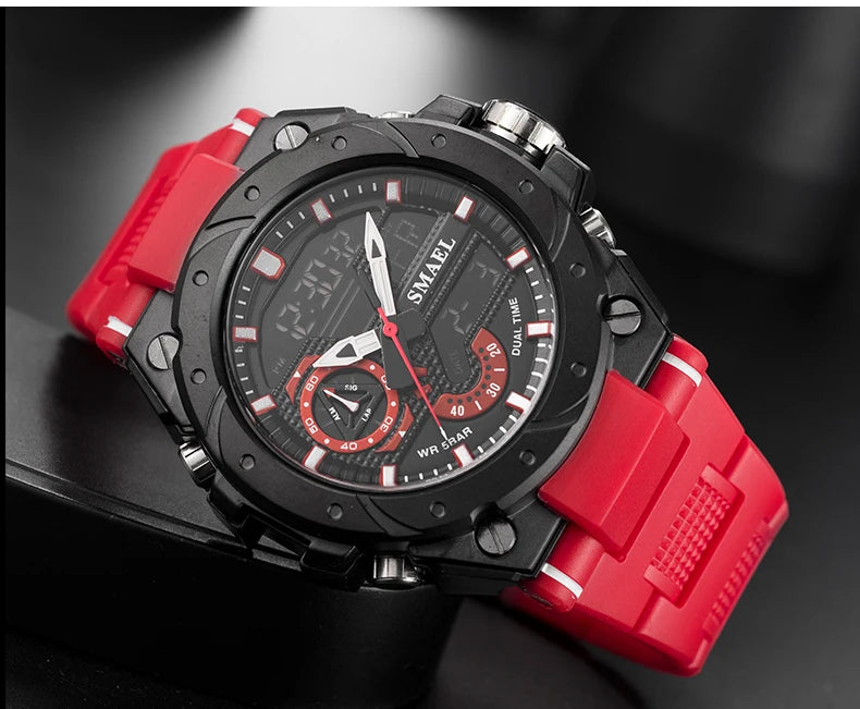 Quartz Watch For Men SMAEL Wristwatches Watcholorful Red Bracelet 50M Waterproof Alarm Clock Analog Digitals 8060 Sport Watches