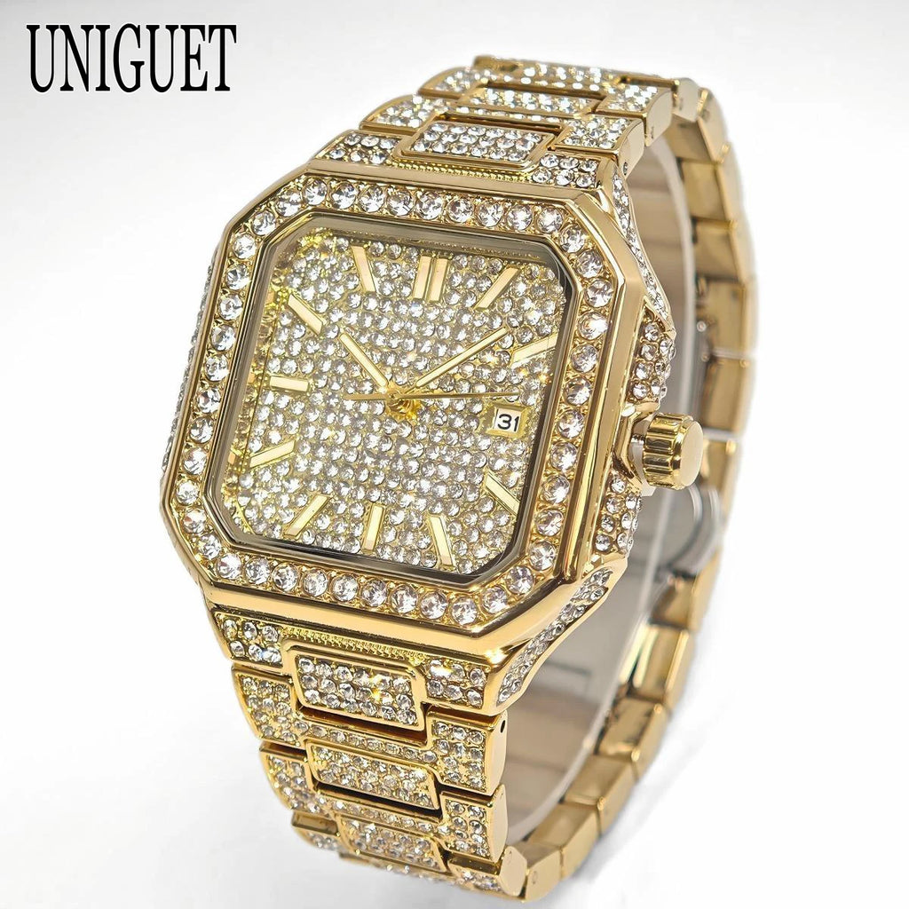 2025 New Black Iced Watch For Men Brand UNIGUET Fashion Waterproof Quartz Watch Man Hip Hop Diamond Jewelry Square Wristwatch