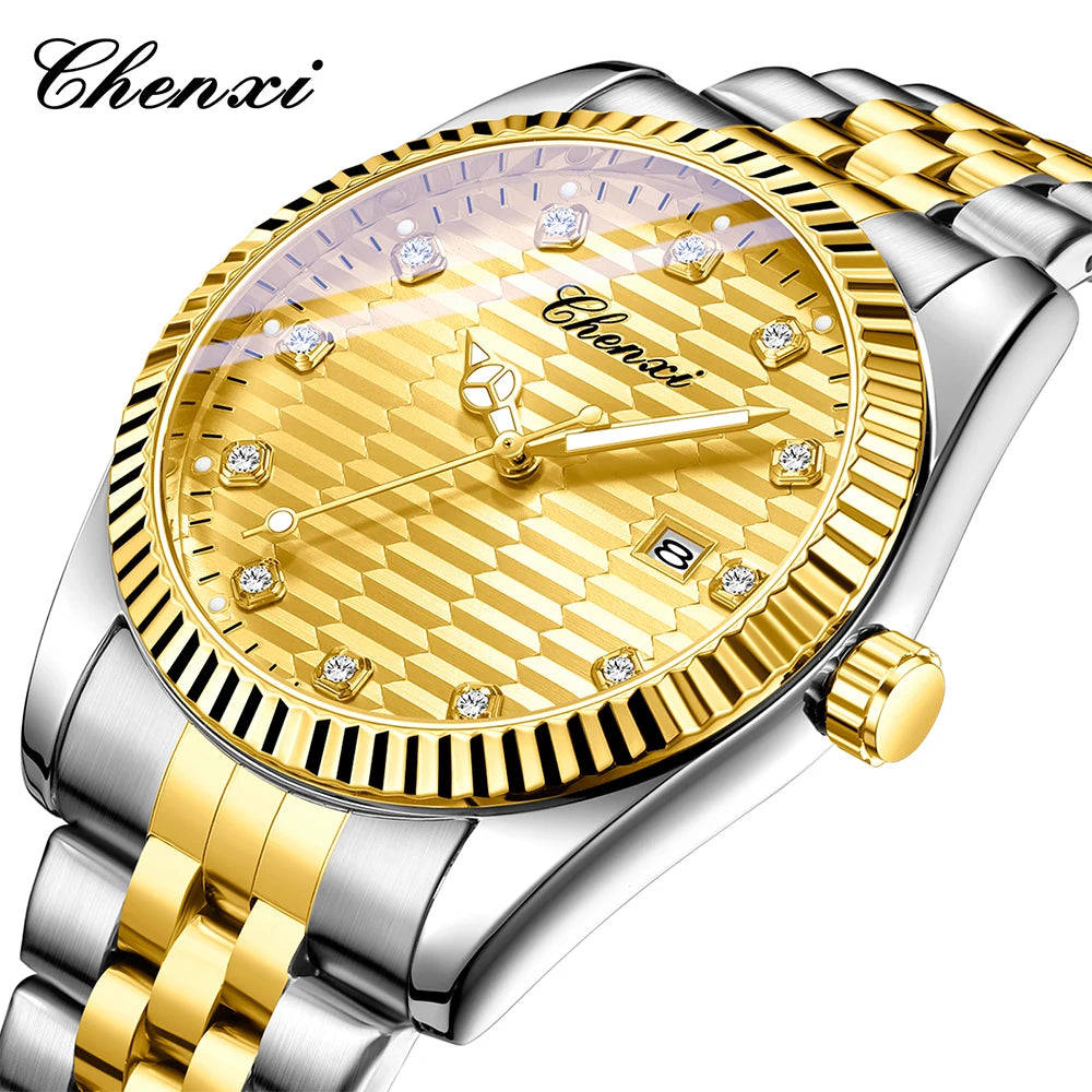 CHENXI Man Watch Classic Fashion Gold Quartz Steel Strap Watches Men Diamond-Set Round Luminous Water-Resistant Date