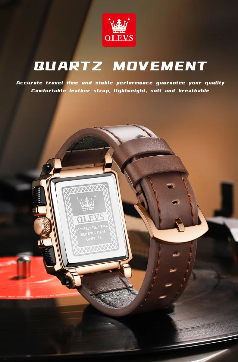 OLEVS Mens Watch Square Quartz Watch Multifunctional Business Watches For Man Waterproof Luminous Box Gift Leather Strap 9919
