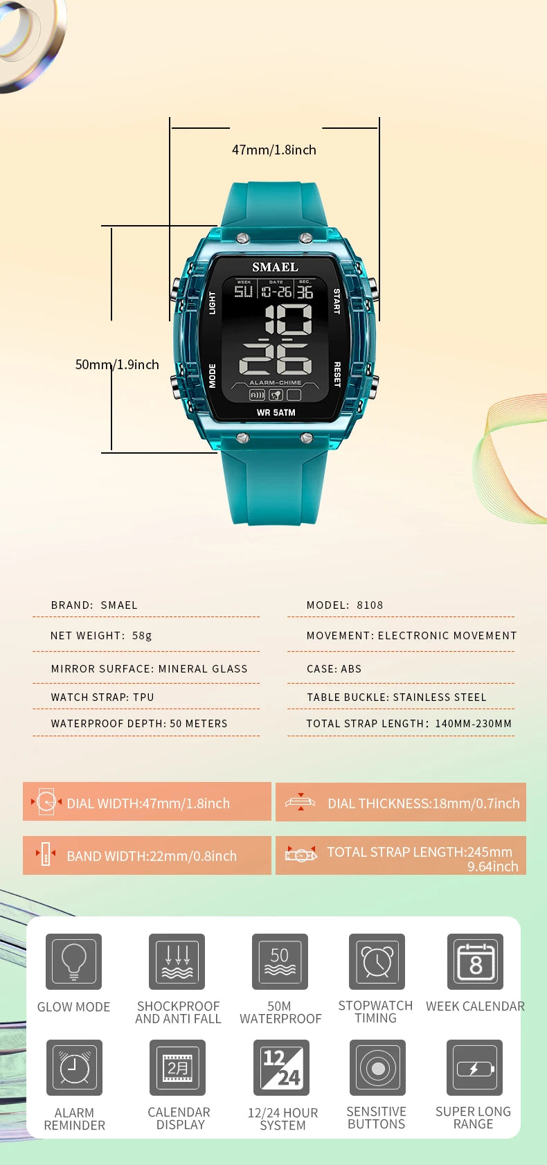 SMAEL Watches for Women LCD Digital Movement Silicone Strap Clock Fashion Trend Waterproof Sport Electronic Wristwatches Female