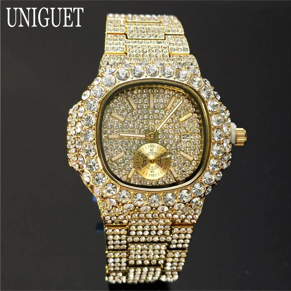 Hot Sell Luxury Iced Watch Mens Fashion Stainless Steel Gold Wristwatch Hip Hop Diamond Bling Jewelry Watch For Man Reloj Hombre