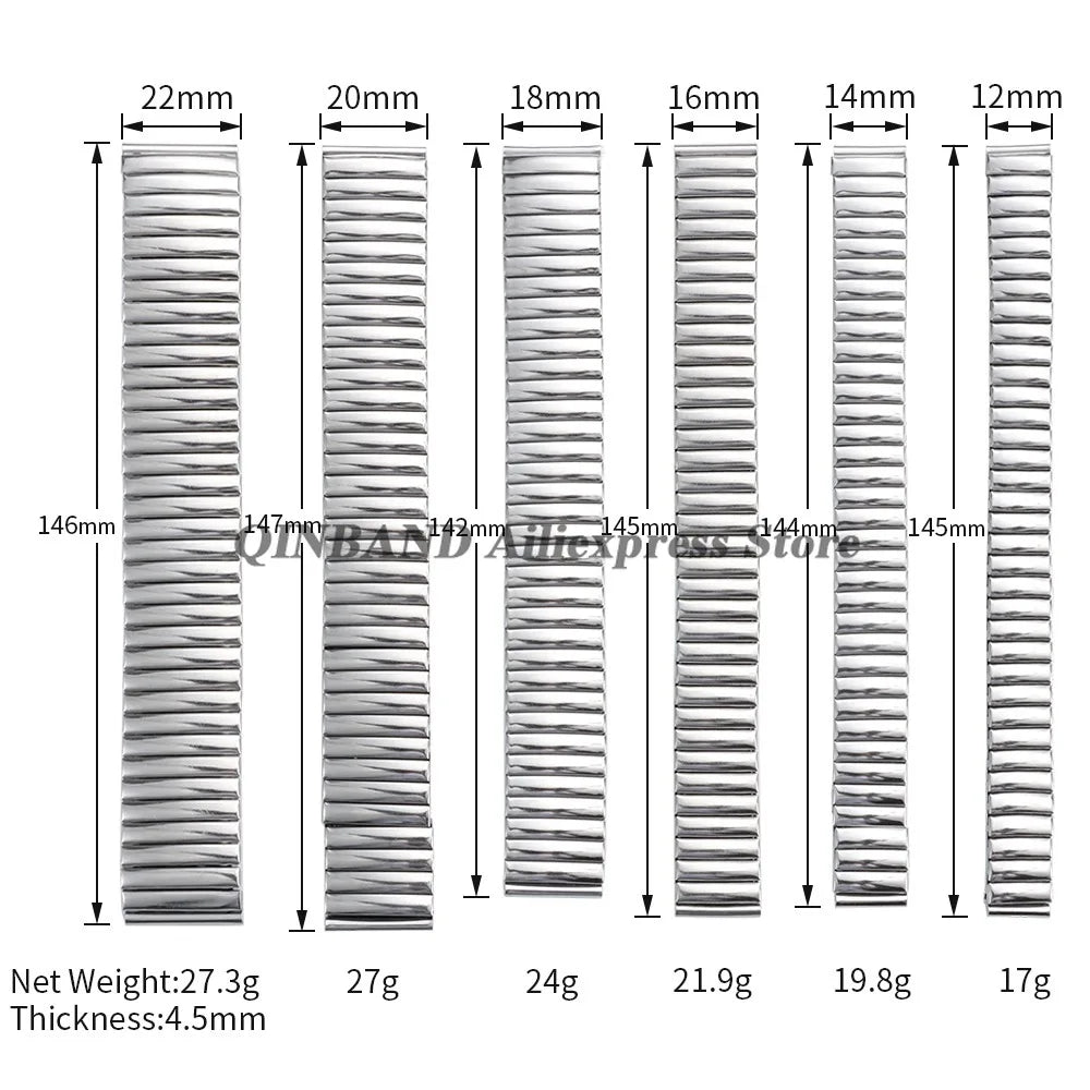 12mm 14mm 16mm 18mm 20mm 22mm Expansion Stainless Steel Watch Strap Elastic Metal Watchband Universal Men Women Watches Bracelet