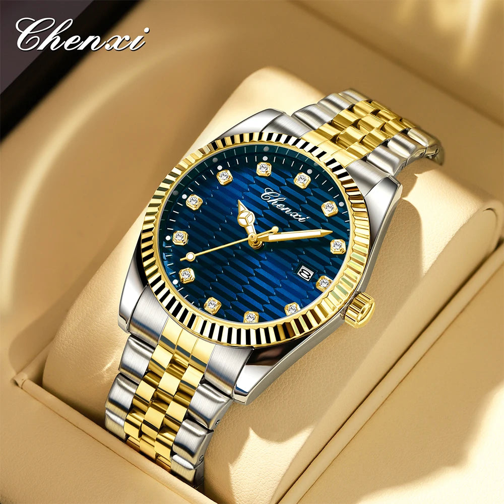 CHENXI Man Watch Classic Fashion Gold Quartz Steel Strap Watches Men Diamond-Set Round Luminous Water-Resistant Date