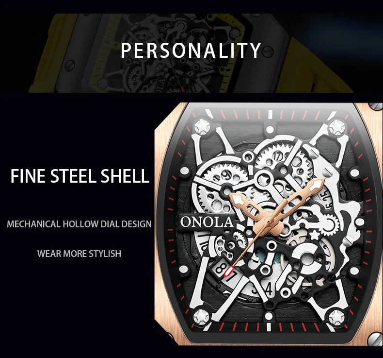 ONOLA Fashion Watch For Men Automatic Date Sports Silicone Strap Tonneau Clock Iced Diamond Quartz WristWatch Reloj Dropshipping