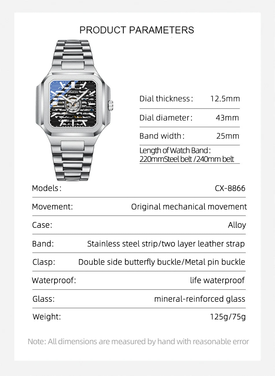 CHENXI Mechanical Men's Watch High-end Square Dial Men Watches Fully Automatic Hollow Wristwatches Male Gifts