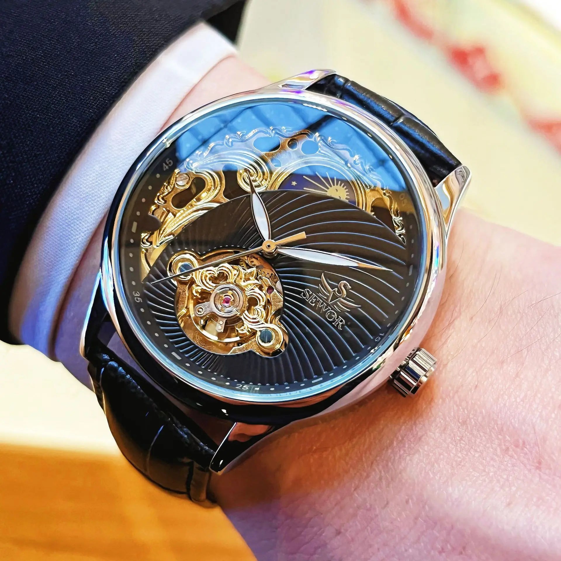 Stainless Steel New Vintage Skeleton Moonphase Luminous Waterproof Tourbillon Self-Wind Automatic Watch for Men