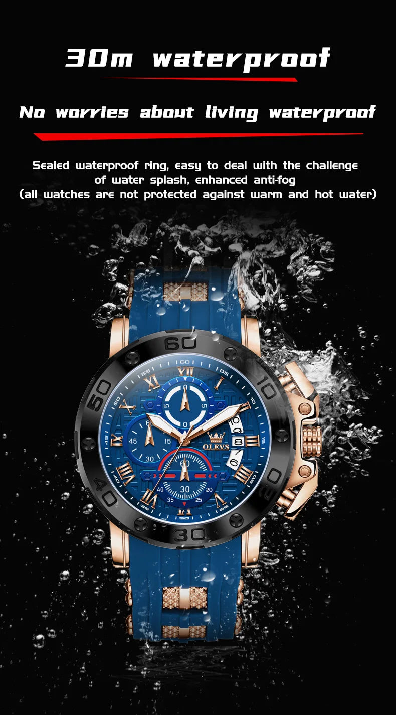 OLEVS 51mm Large Dial Quartz Watch for Men Silicone Strap Waterproof Luminous Auto Date Chrono Roman Numeral Scale Men's Watches