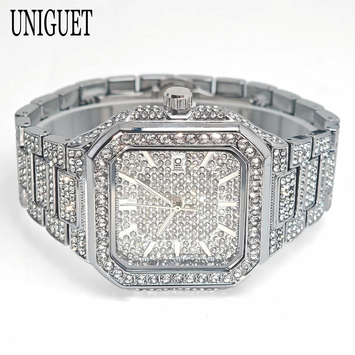 2025 New Black Iced Watch For Men Brand UNIGUET Fashion Waterproof Quartz Watch Man Hip Hop Diamond Jewelry Square Wristwatch