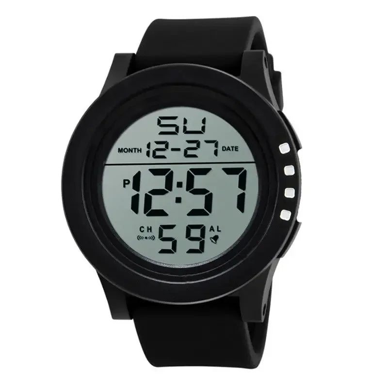 Mens Women Digital Watch Big Dial Light LED Swim Waterproof Rubber Band Alarm Black LED Watches