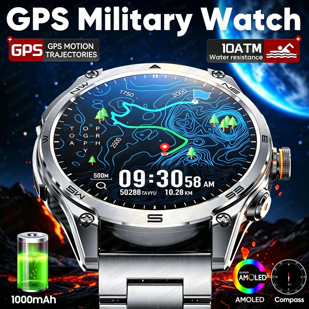 2026New Military Grade 1000mAh Battery GPS Smart Watch 10ATM Waterproof Compass Altimeter Call AMOLED Men Swim Sports Smartwatch