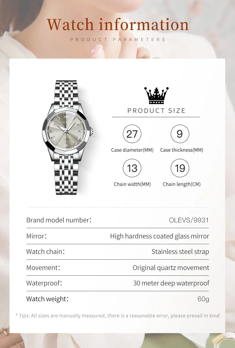 OLEVS 9931 Elegant Fashion Women's Watches Luxury Brand Original Quartz Watch forLadies Waterproof Stainless Steel Luminous Date