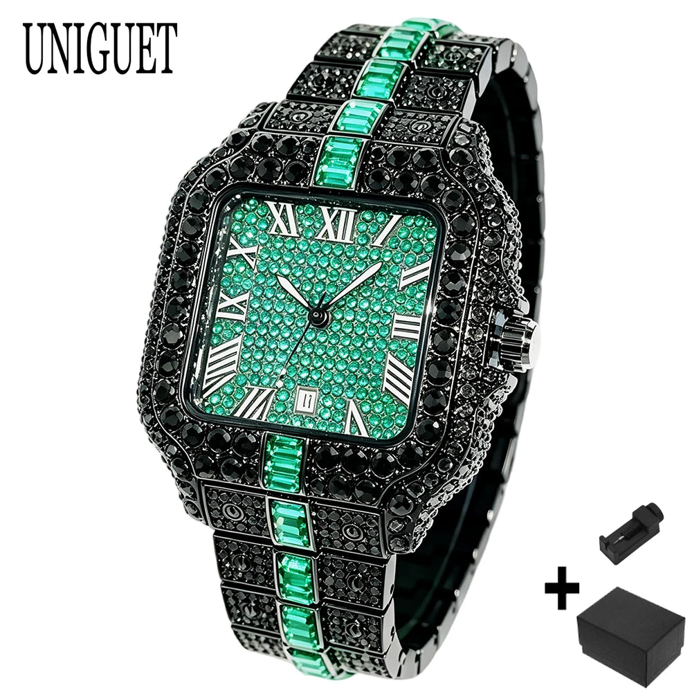 UNIGUET Cool Black Diamond Watch For Men Fashion Hip Hop Green Iced Out Square Quartz Wristwatch With Date Reloj Hombre
