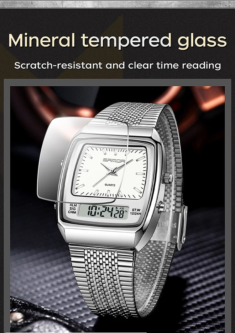 SANDA Outdoor Dual Display Men's Watch Luminous Waterproof TPU Strap Large Dial Chronograph Calendar Sports Wristwatch