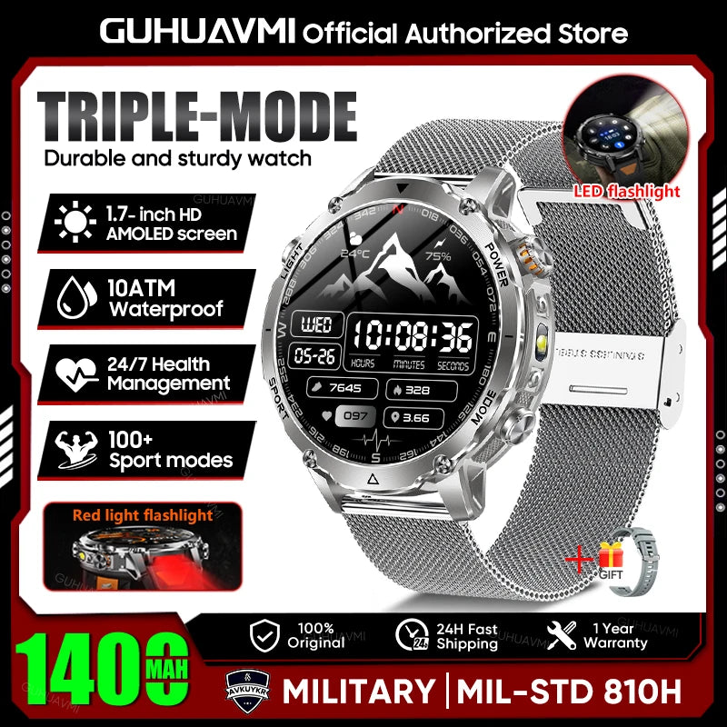 2026 New Military Smart Watch Men 1400mAh Battery 1.7-Inch AMOLED Sport GPS Track Bluetooth Call Rate Smartwatch For Android IOS