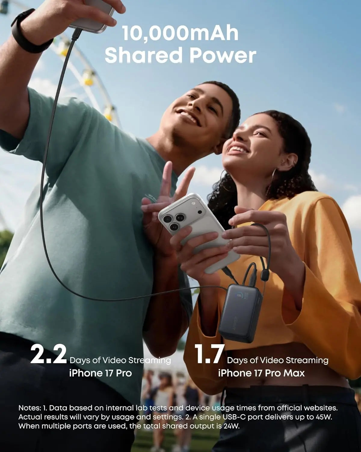 Anker Nano Portable Charger, 45W 10000mAh with 2.3 ft Retractable Cable, Compact Power Bank, Travel Essential Phone Battery
