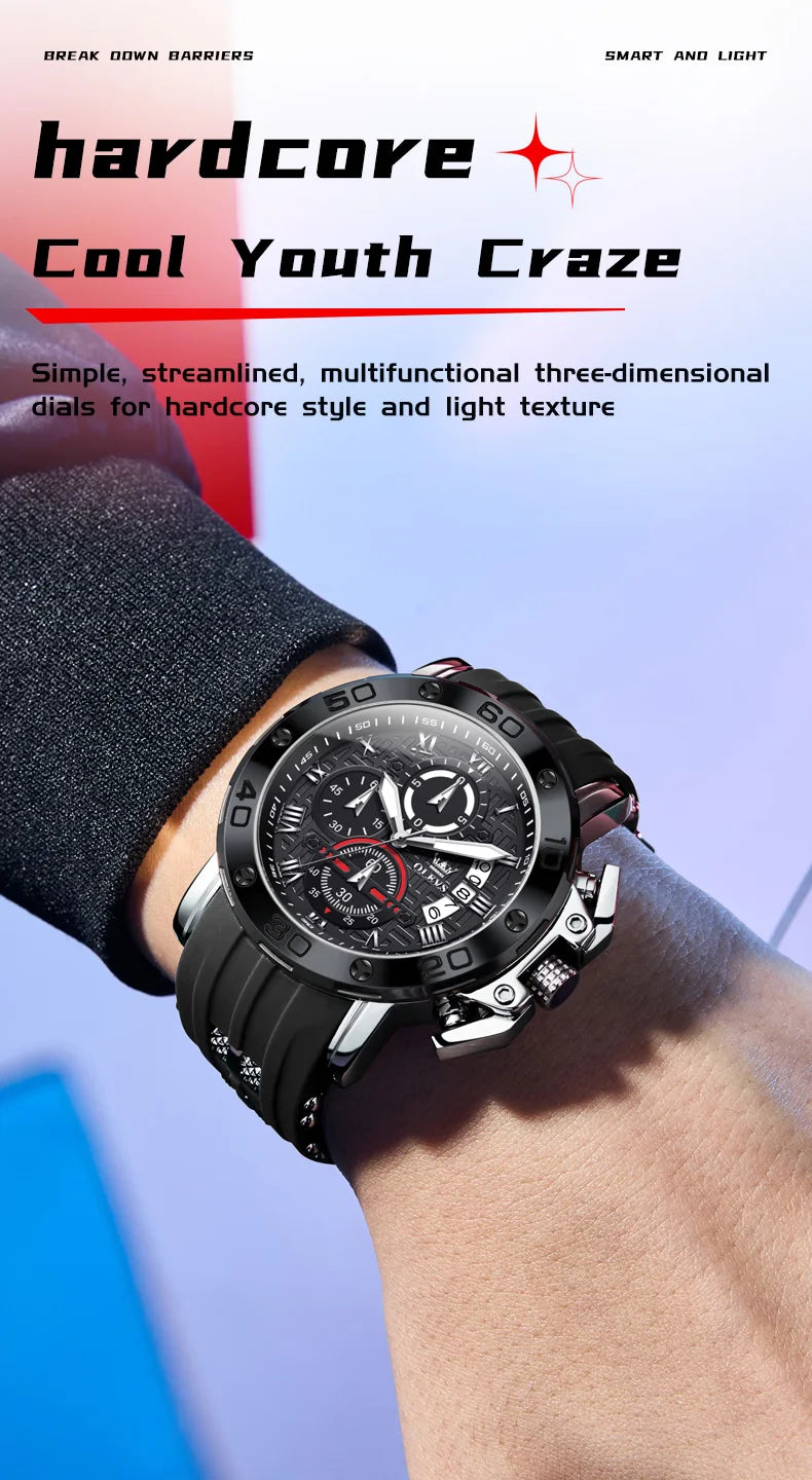 OLEVS 51mm Large Dial Quartz Watch for Men Silicone Strap Waterproof Luminous Auto Date Chrono Roman Numeral Scale Men's Watches