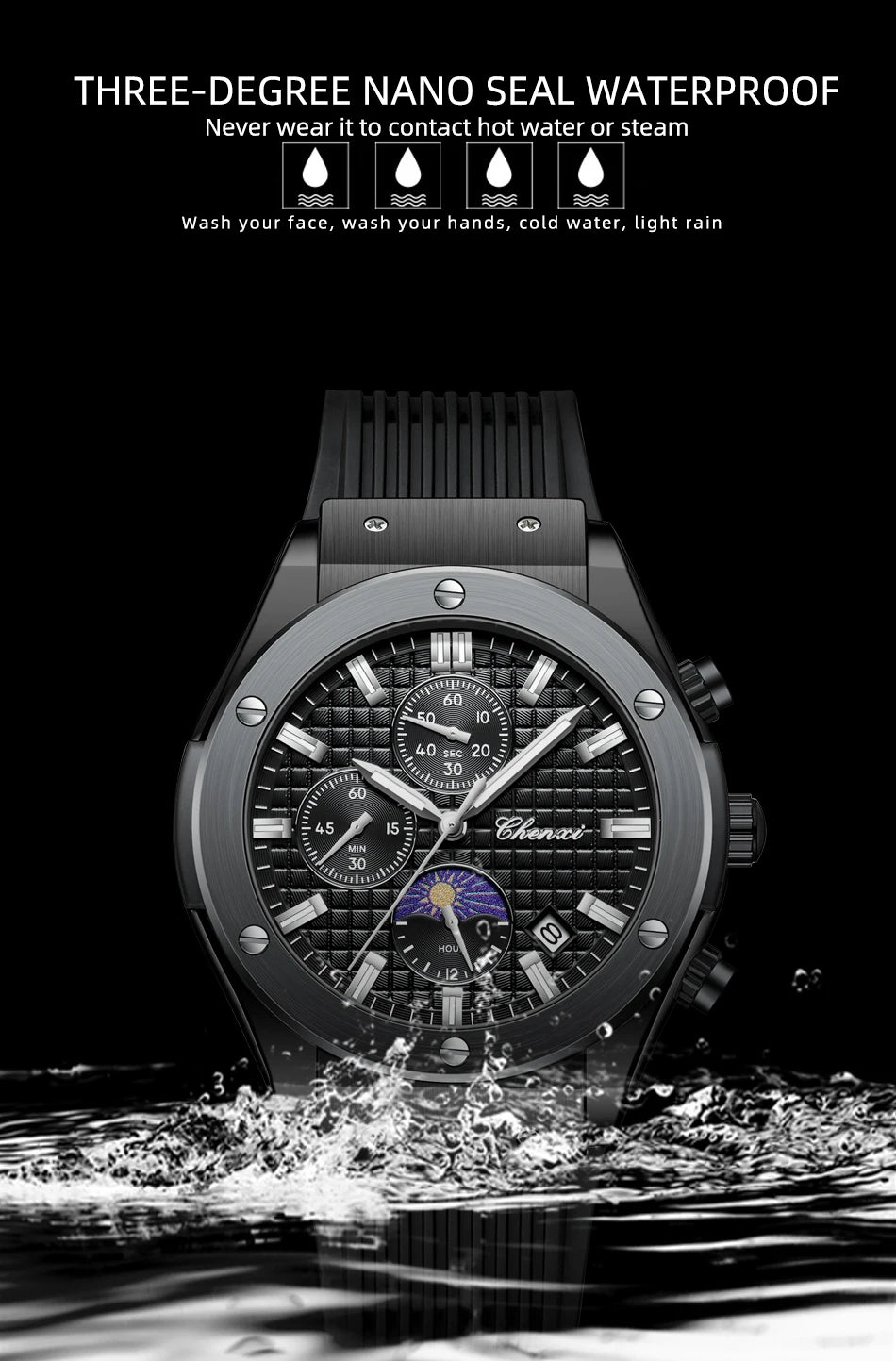 CHENXI Original Watch Quartz Waterproof Sports Watches Men Silicone Strap Chronograph Calendar Multi Functional Wristwatches