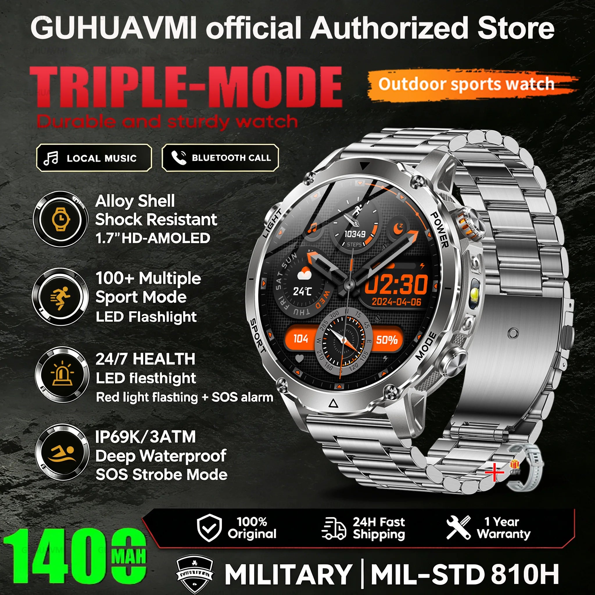 2026 New Smart Watch Bluetooth Call 1400mAh Large Battery Sport Heart Rate 1.7" Military Outdoor Men Smartwatch For Android IOS