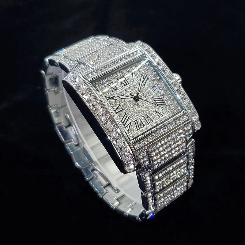 Luxury Brand Mens Silver Stainless Steel Quartz Watch Hip Hop Full Diamond Rectangle AAA Quality Fashion Wristwatch for Men 2025