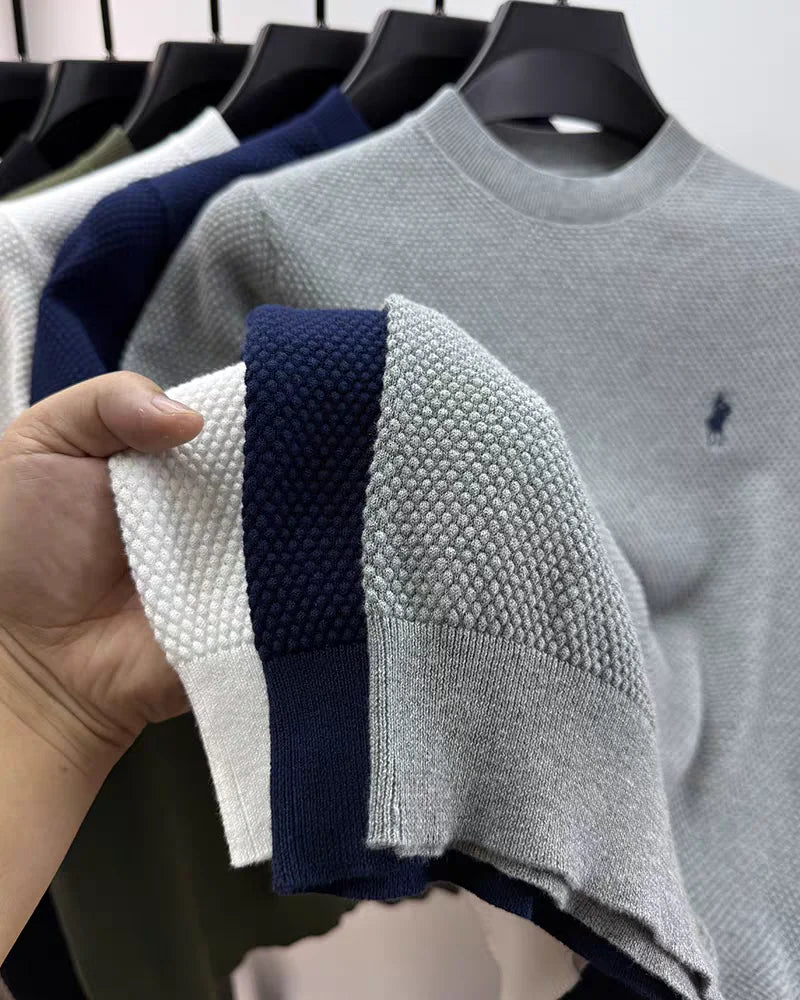 Luxury 100% cotton knitted short sleeve T-shirt high-end brand pony embroidery summer solid color  men's casual round neck top