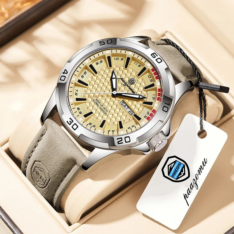 PAAZOMU Luxury Sports Men Watch Luminous Waterproof Chronograph Date Man Wristwatch Leather Quartz Business Men's Watches Reloj
