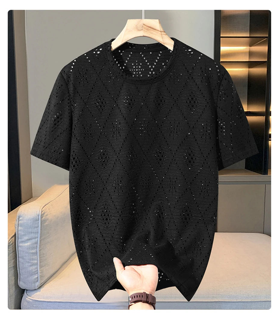 Summer Mesh Hollowed Out T-shirt Men 10XL Plus Size Summer Short Sleeve Tshirt Male Mesh Tops Tees Big Size 10XL