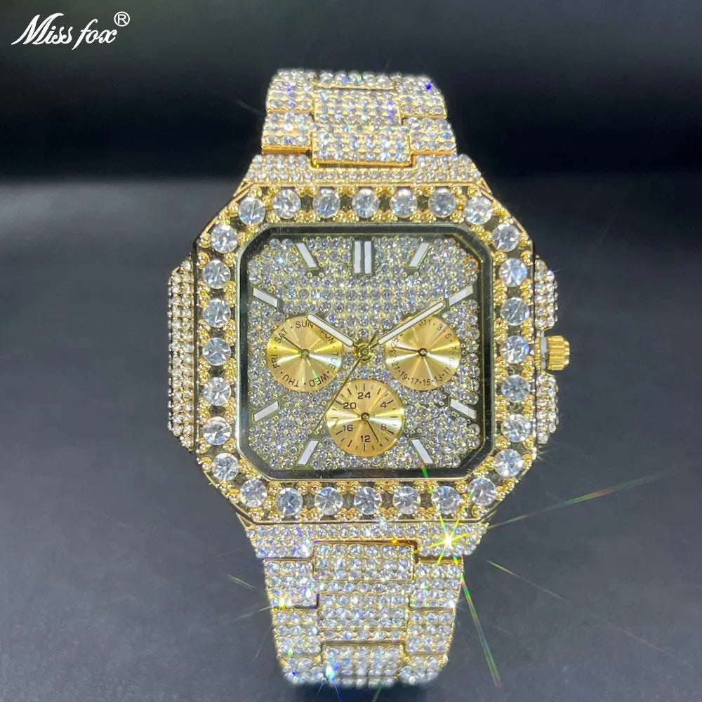 MISSFOX Luxury Diamond Watch for Men Hip Hop Style BlingBling Iced Out Wristwatch Fashion Gold Square Waterproof Clock 2025