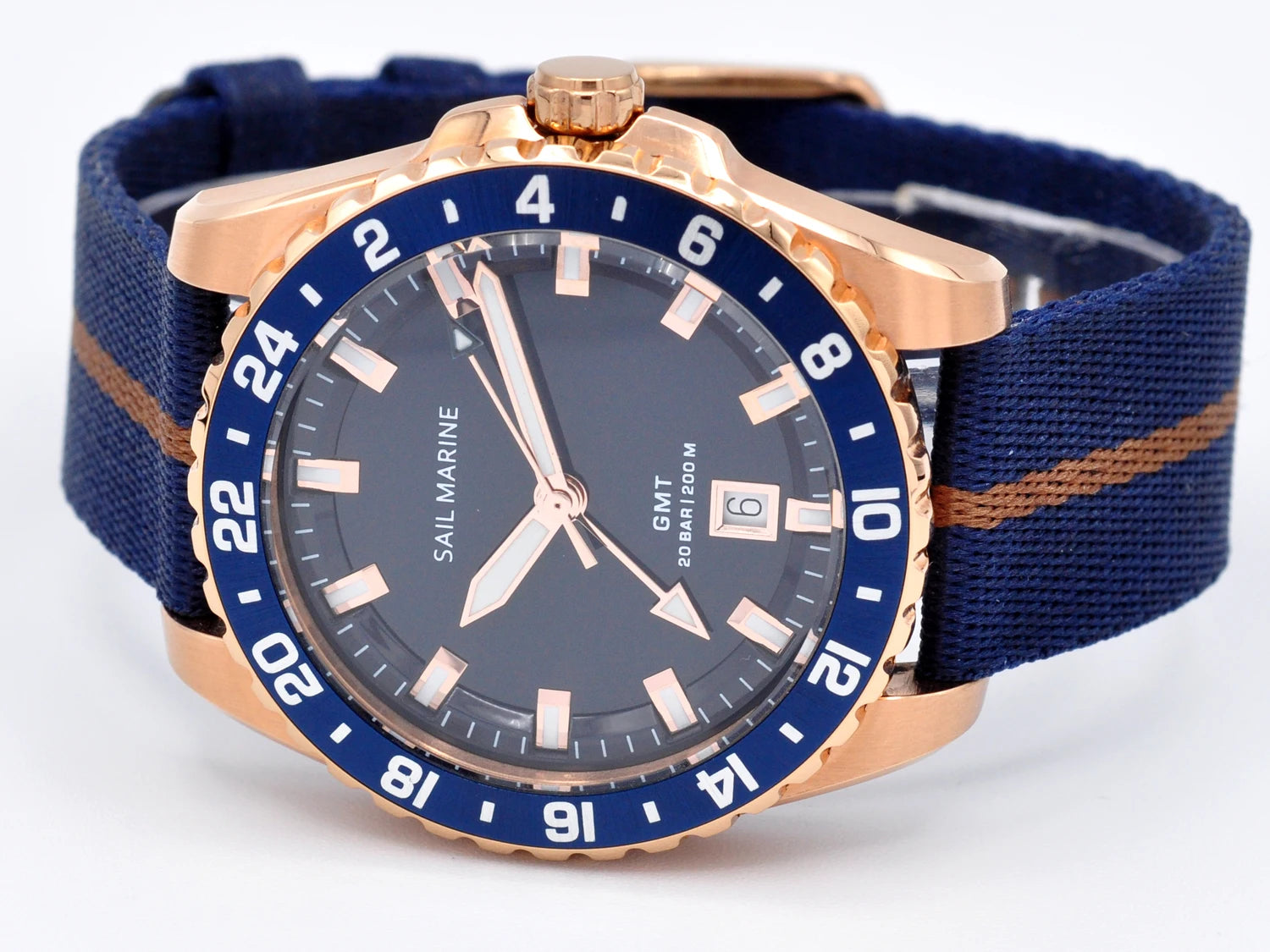 Top Quality Rose Gold Men's Luminous Casual Watch Fabric Strap GMT Quartz Wristwatch Stainless Steel Case 20 Bar Deep Waterproof