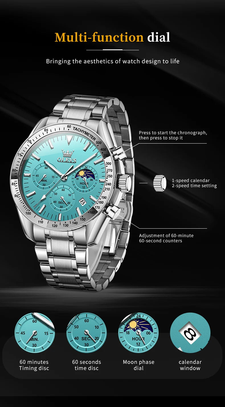 OLEVS 3618 Mens Watch Original Brand Waterproof Luminous Quartz Wristwatch Watch For Man  Multifunctional Chronograph With Box