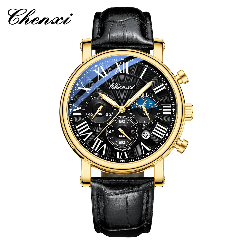 CHENXI Multifunction Men's Watches Business Roman Numerals Leather Strap Quartz Man Watch Chronograph Moon Phase Calendar