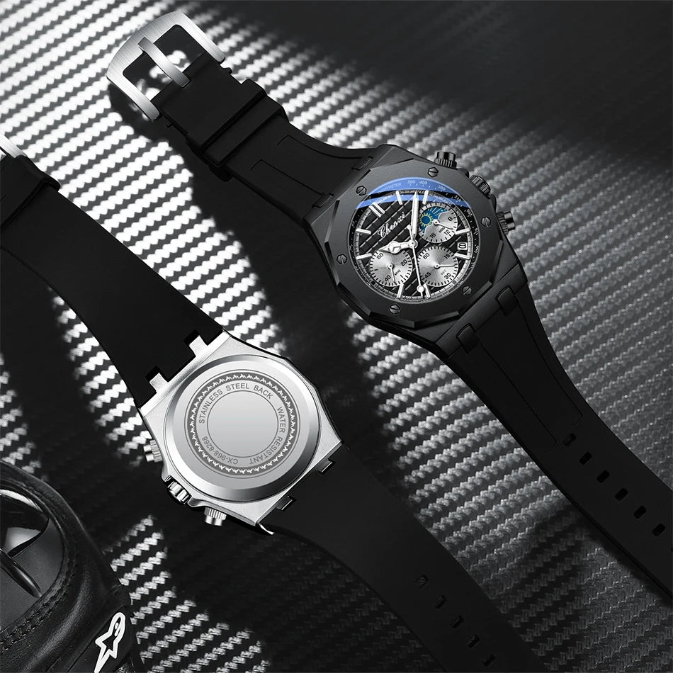 CHENXI Sports Multi-functional Silicone Man Watch Calendar Waterproof Quartz Men Watches Chronograph Moon Phase Men's Wristwatch
