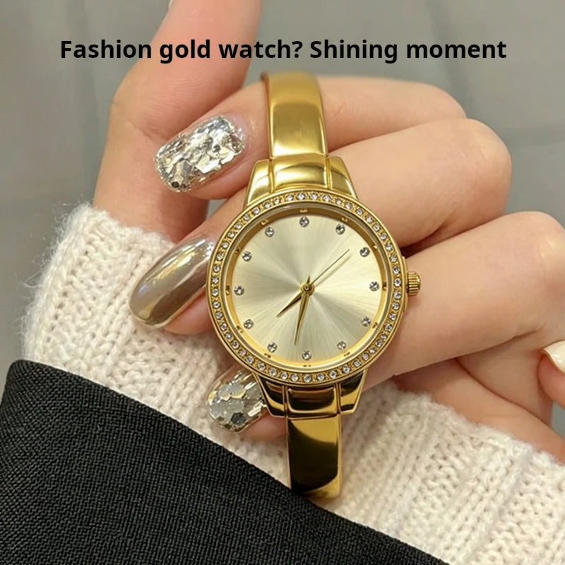 Fashionable Women's Watch Diamond-Set Round Classic Bangle Watch with Rhinestone Markers—Simple Elegant Luxe-Style Quartz Watch